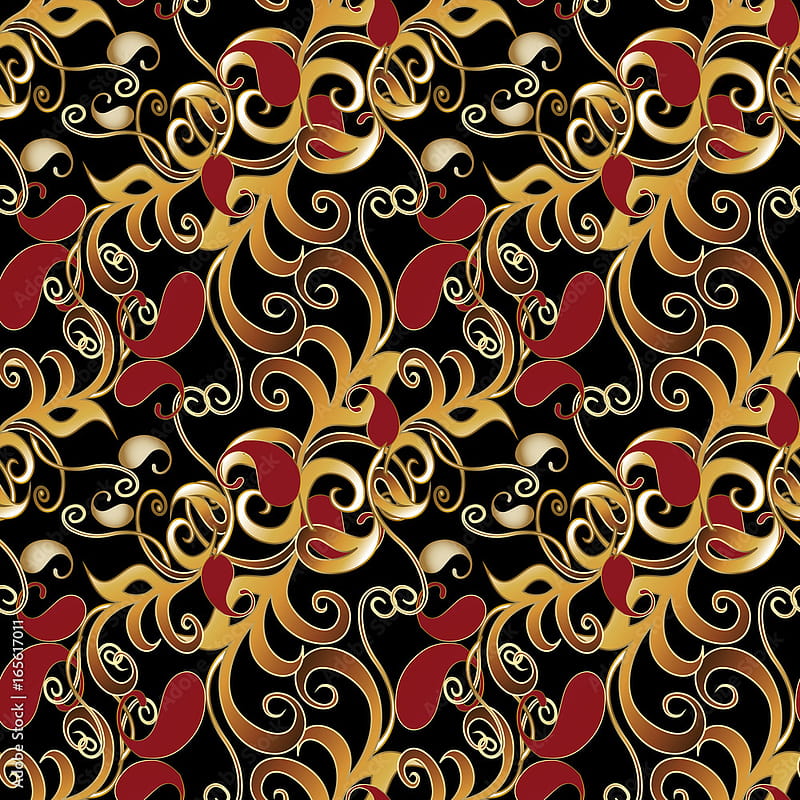 Paisley seamless pattern. Black floral backgrounds illustration with vintage gold red paisley flowers and oriental arabic ornaments. Luxury fabric pattern texture for textile, prints, walls Stock Vector, black and red luxury, HD phone wallpaper