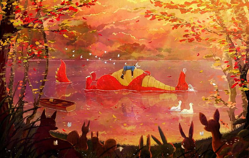 anime landscape, dragon, fantasy creature, autumn, lake, anime boy, Anime, HD wallpaper