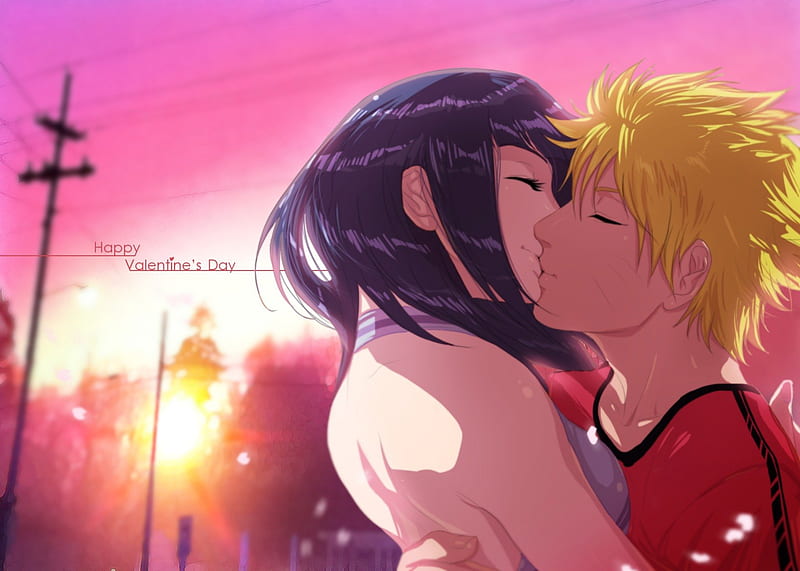 NaruHina Happy Valentine, Hyuuga, Romance, Naruto, Kiss, Uzumaki, Hinata, Valentine, Sunset, HD wallpaper