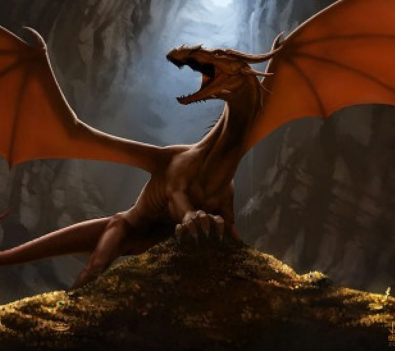 Red Dragon Roar, red, gold, dark, ophidian, serpent, dragon, cave, drake, HD wallpaper