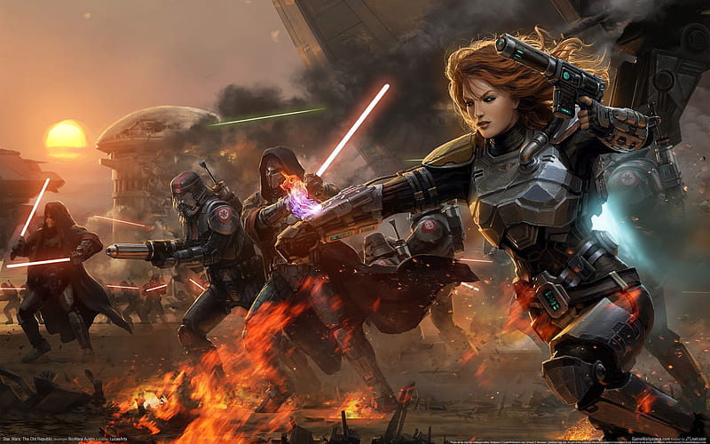 Star Wars: The Old Republic action, cg, fighter, video game, nice, fantasy, star wars- the old republic, sword, the old republic, female, guerra, star wars, blonde, abstract, adventure, fire, battle, girl, HD wallpaper