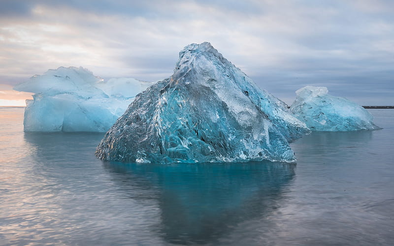 Icebergs, Antarctica, sunset, sea, south pole, ice, HD wallpaper