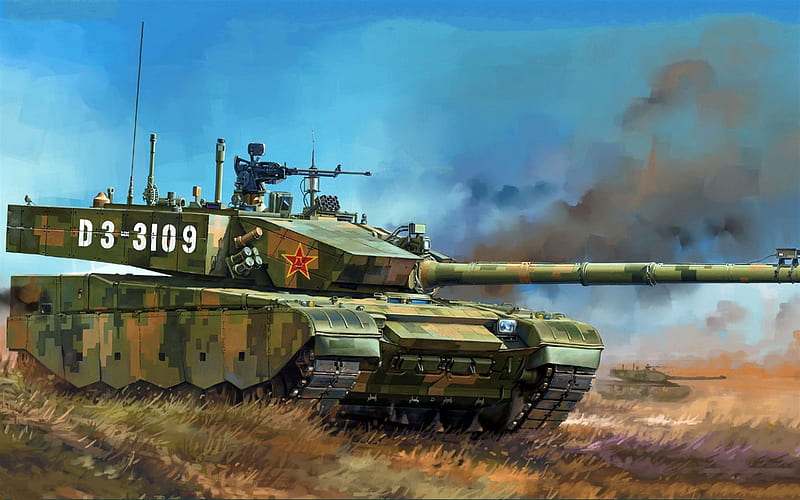 Type 99, Chinese main battle tank, Chinese army, field, smoke, drawing, modern armored vehicles, ZTZ-99A, HD wallpaper