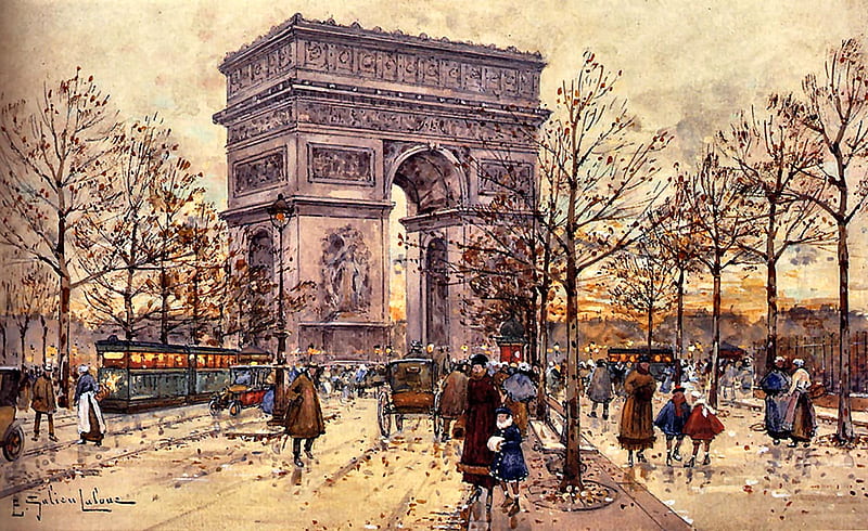 Arc de Triomphe, architecture, art, cityscape, France, bonito, illustration, artwork, Paris, painting, wide screen, scenery, HD wallpaper