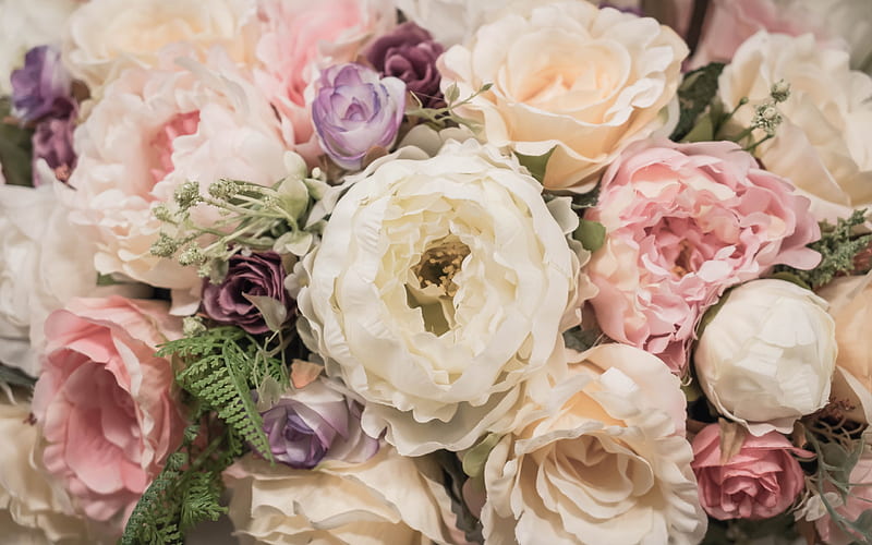 large beautiful bouquet, flower buds, roses, white flowers, wedding bouquet, HD wallpaper