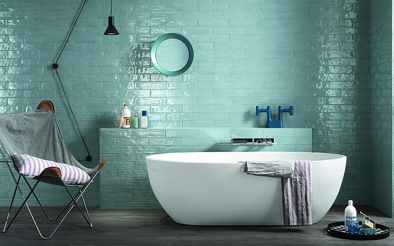 stylish bathroom interior design, turquoise bathroom walls, modern interior design, bathroom, turquoise bathroom tiles, HD wallpaper