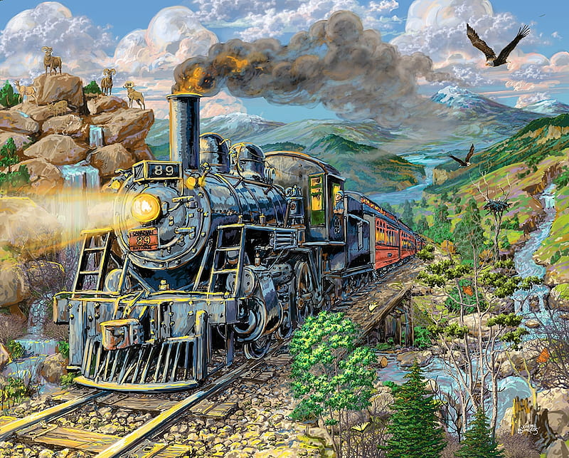 Big Horn Express, mountains, locomotive, train, painting, steam, railways, artwork, HD wallpaper