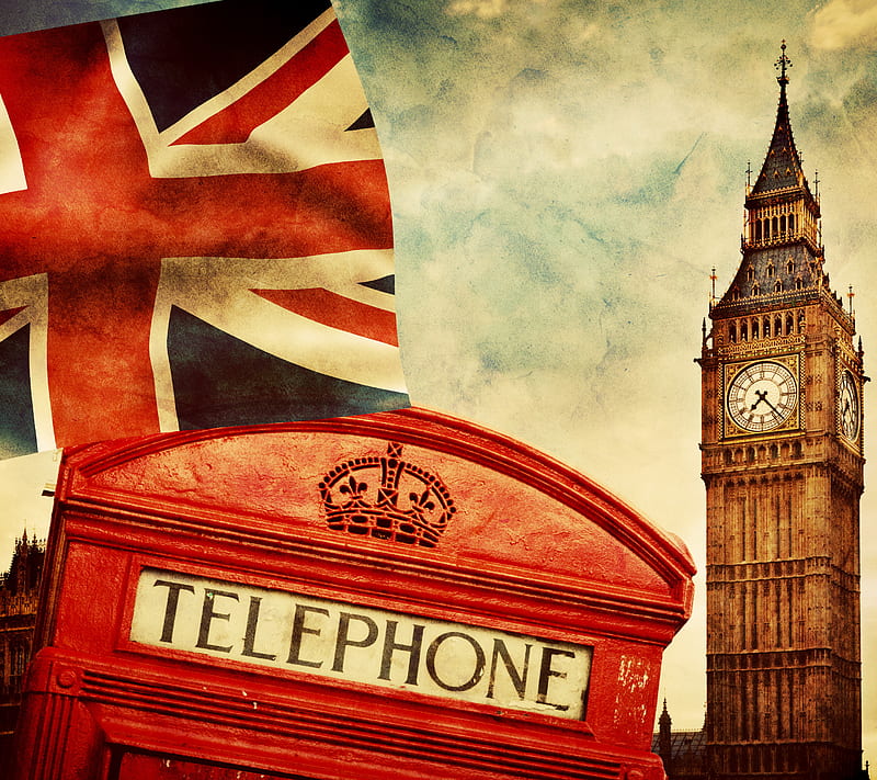 London, big ben, booth, britain, clock, flag, style, telephone, HD wallpaper