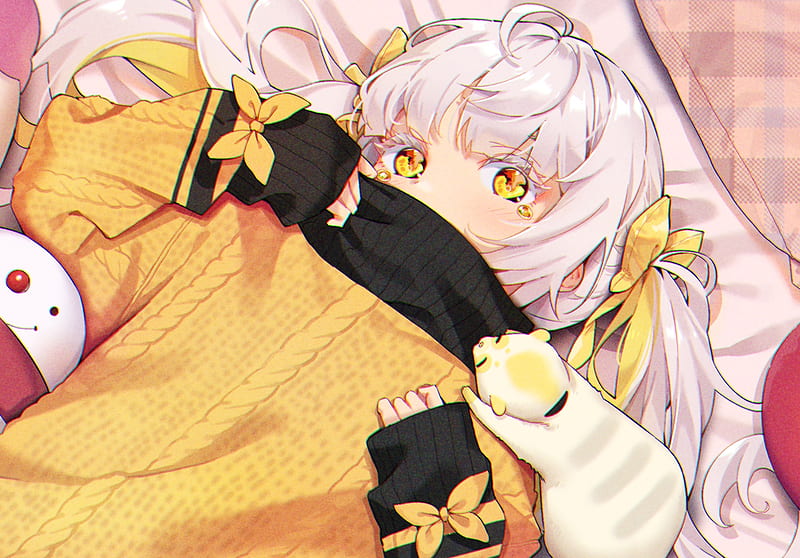 cute anime girl, sweater, lying down, teary eyes, twintails, loli, long hair, Anime, HD wallpaper