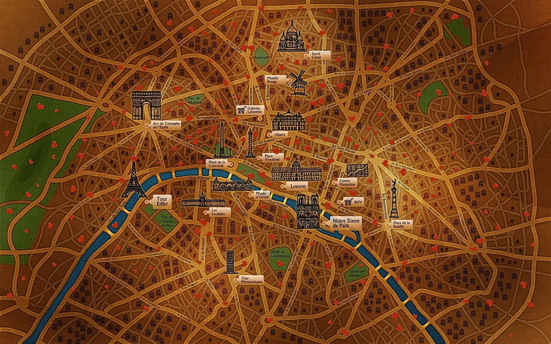 Paris Map, brown, travel, France, Eiffel Tower, city, Paris, corazones, Points of Interest, Heart, streets, river, road, map, Street, HD wallpaper