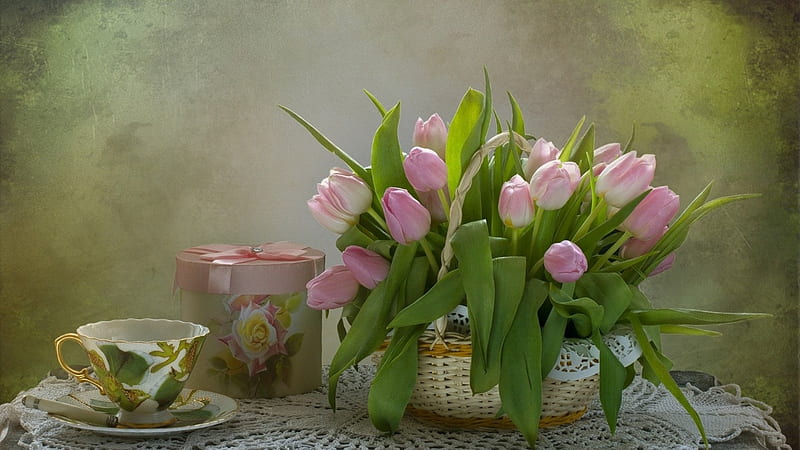 Still Life, vase, cup, flowers, tulips, HD wallpaper