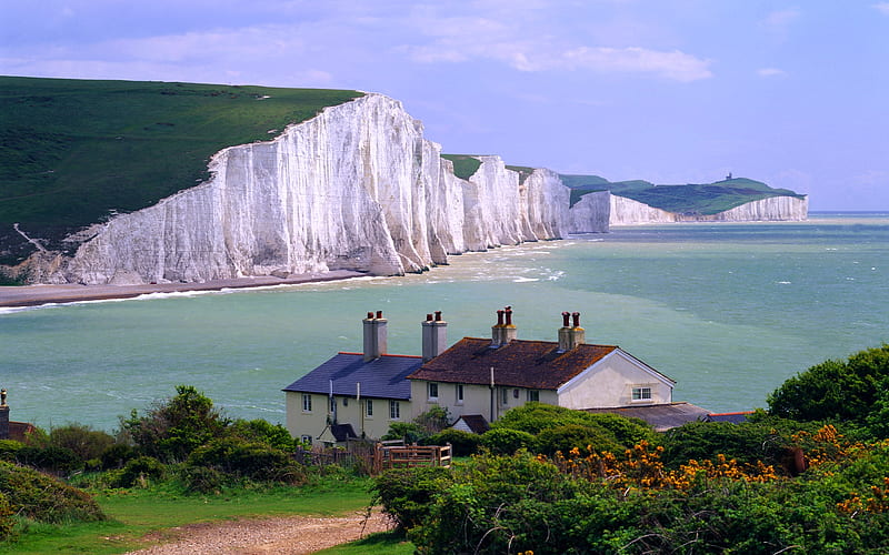 Seven Sisters in Sussex, water, sussex, mountains, houses, nature, sea, HD wallpaper