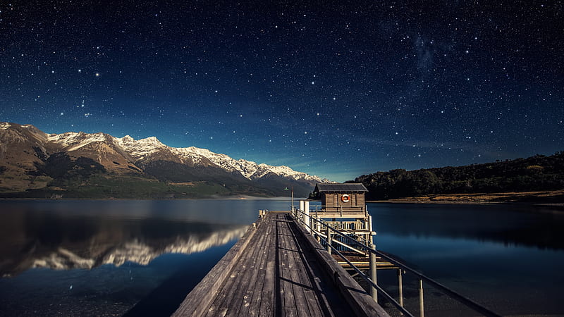 Stary Lake, amazing, Stars, pier, Bryan Alexander, lake, 3840x2160, water, mountains, dark, New Zealand, blue, snowy peaks, HD wallpaper