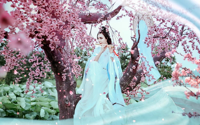 Asian Beauty, Girl, Music, Garden, Flowers, HD wallpaper