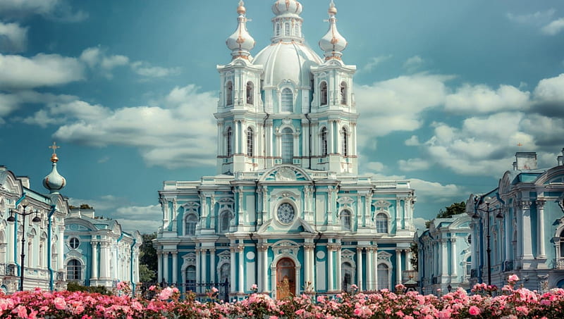 smolny convent in st petersburg russia, cathedral, flowers, dome, sky, convent, HD wallpaper