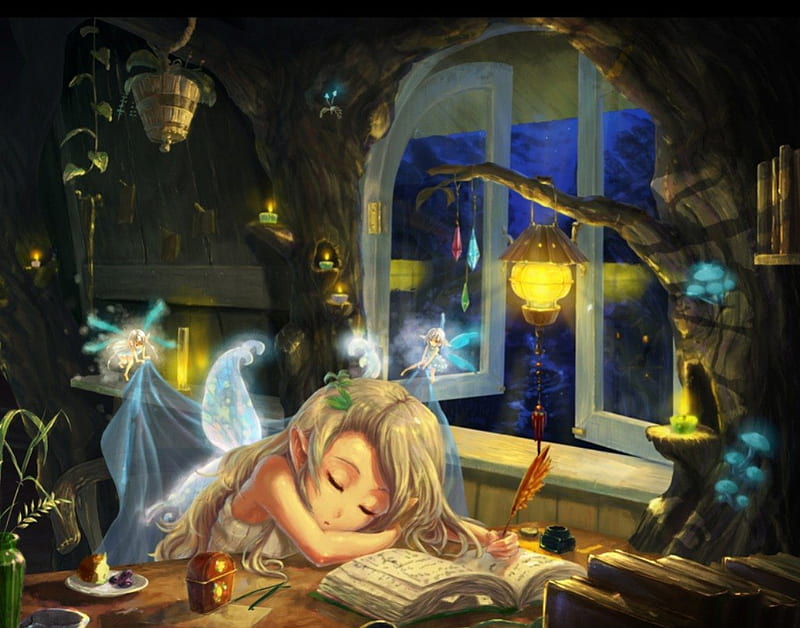 Sleeping Fairy, sleep, lantern, mushroom, book, wing, fantasy, anime, anime girl, long hair, fairy, night, candle, female, wings, window, blonde, blonde hair, cute, girl, HD wallpaper