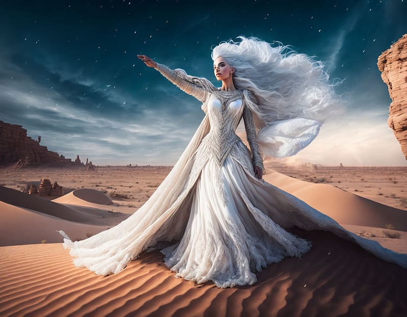 Desert Wanderer, art, fantasy, , desert, girl, lamamake art, woman, beautiful, digital, white hair, HD wallpaper