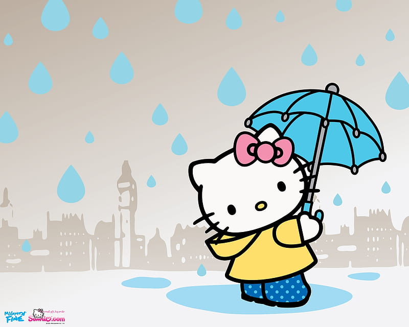 día lluvioso *, día lluvioso, gatito, paraguas, gotas, dibujos animados,  hola gatito, Fondo de pantalla HD | Peakpx
