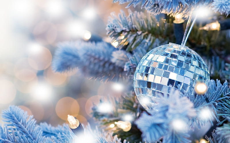 Blue Christmas, globe, ball, bokeh, christmas, decoration, lights, blue, HD wallpaper