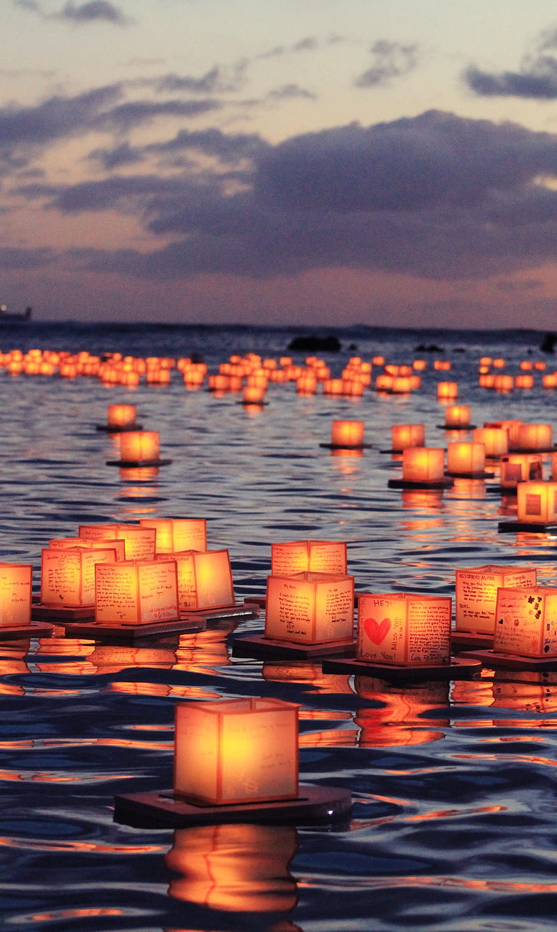 Lantern Wishes, candles, lights, sunset, tangled, water, wish, HD phone wallpaper
