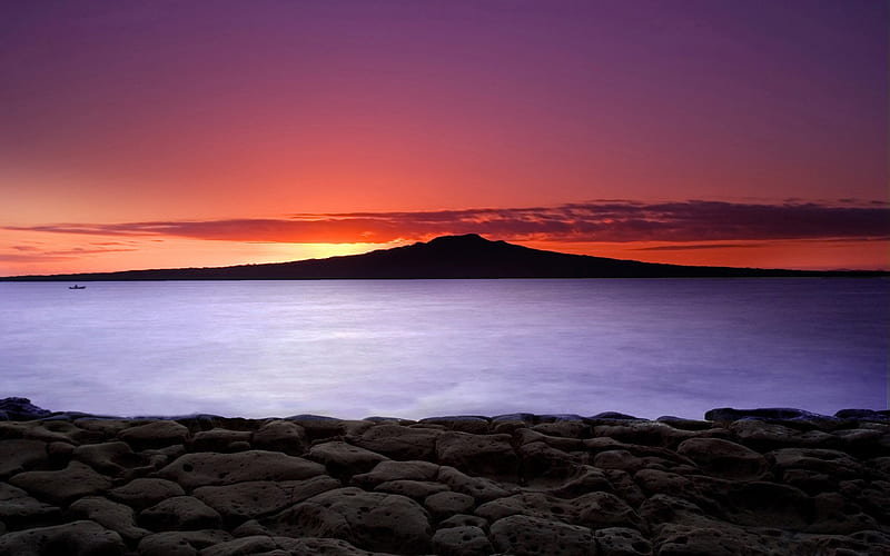 New Zealand-Sunrise on Auckland North Shore with a view of Rangitoto Island, HD wallpaper