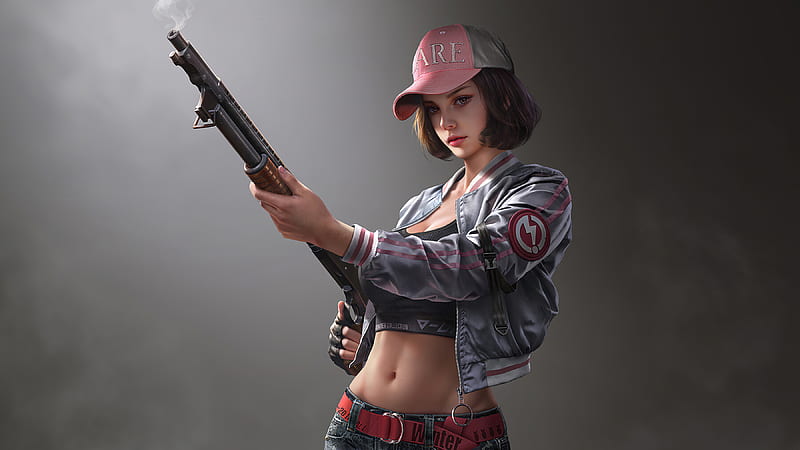 Cute Girl Wearing Cap With Gun, artist, artwork, artstation, HD wallpaper