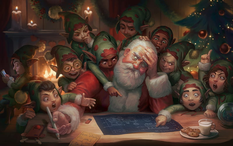 Stressed Santa, art, fantasy, santa, craciun, christmas, stress, elf, man, HD wallpaper
