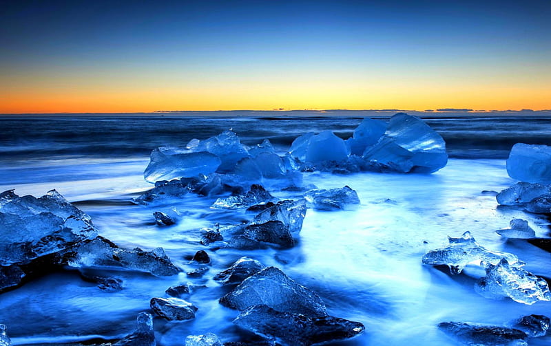 ICY SEA, ice, nature, sunset, sea, winter, HD wallpaper