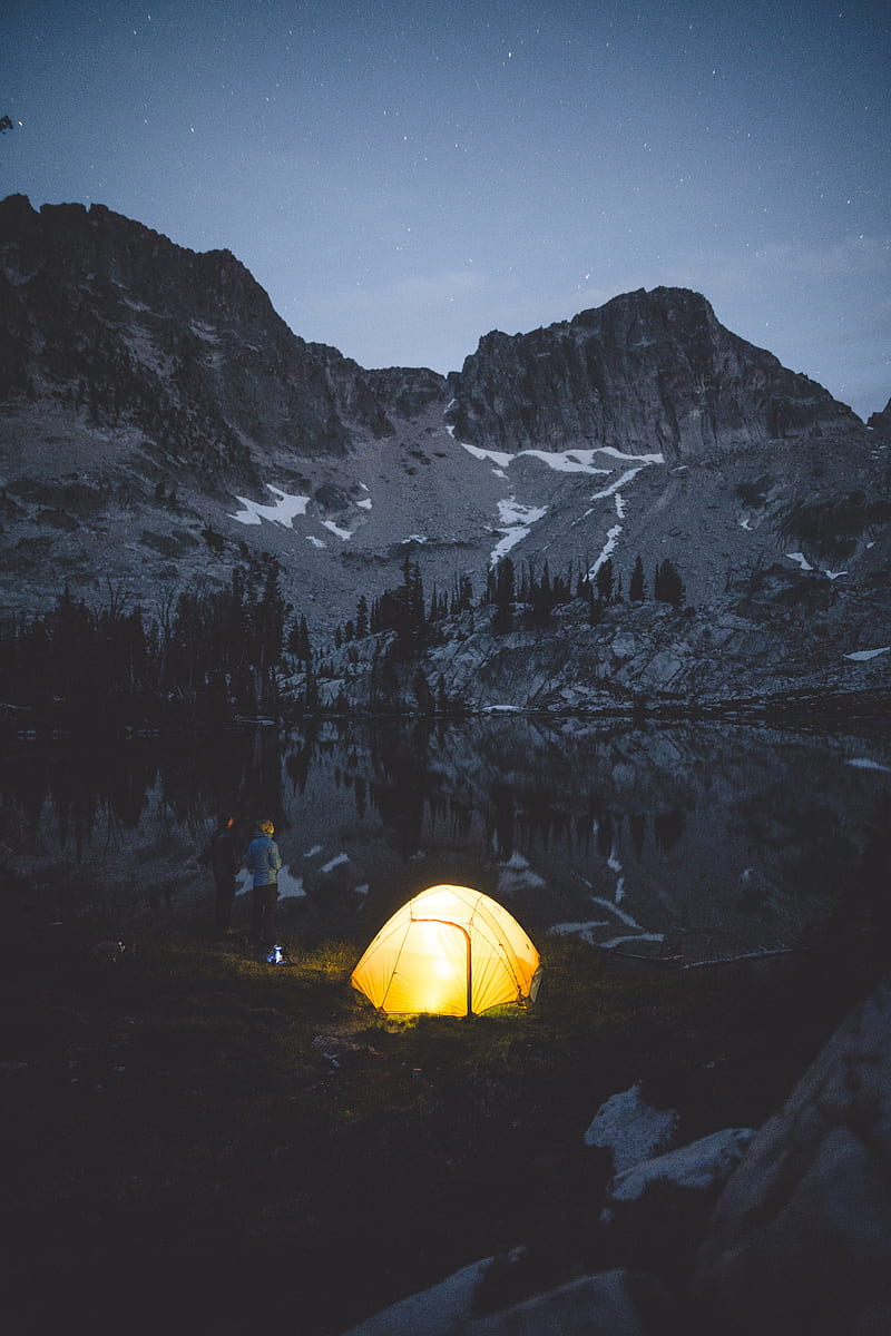 camping, tent, mountains, lake, night, people, HD phone wallpaper