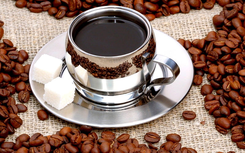 ENERGY BOOSTER, cubes, coffee, saucer, sugar, beans, cup, HD wallpaper