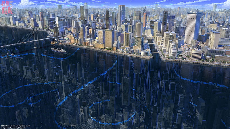 anime cityscape, skyscrapers, buildings, futuristic, water, Anime, HD wallpaper