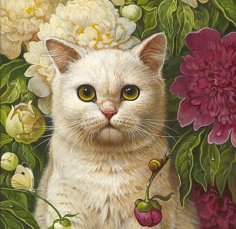 Cat, yana movchan, flower, pisici, pink, white, art, peony, painting, pictura, HD wallpaper