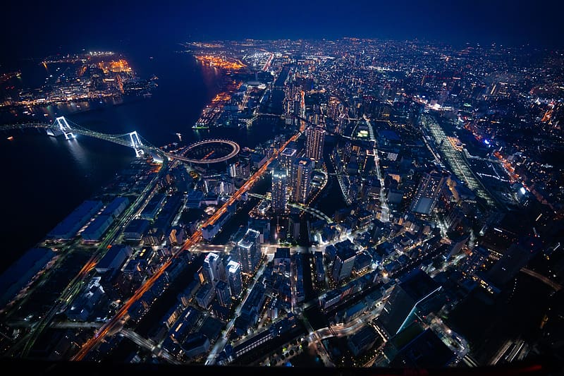 Buildings, bridges, lights, channel, night, city, aerial view, HD ...