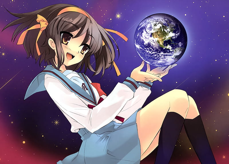 The world in her hands, the melancholy of haruhi suzumiya, space, anime, girls, earth, HD wallpaper