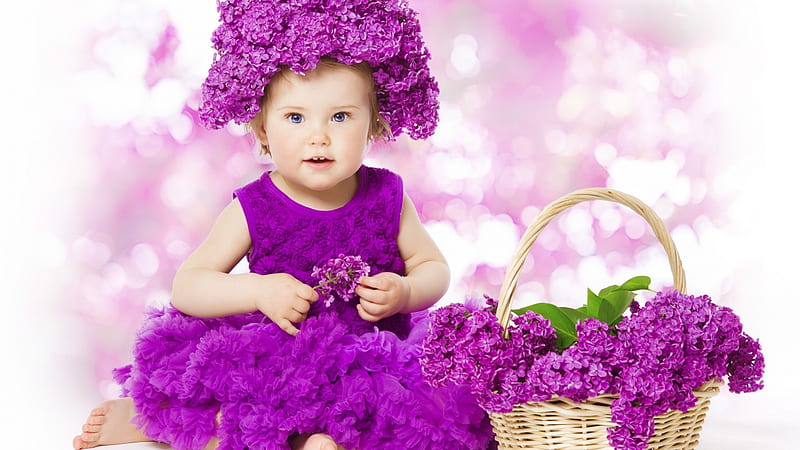 Grey Eyes Cute Little Girl Is Wearing Purple Dress Having Purple Flowers On Head Cute, HD wallpaper
