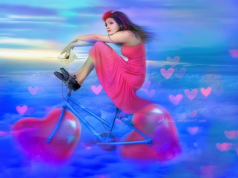 ~Bicycle Hearts~, colorful, riders, holidays, softness beauty, bonito, digital art, woman, sweet, recurring, fantasy, manipulation, love, bike, girls, pink, blue, lovely, model, bicycle hearts, colors, creative pre-made, corazones, full in love, weird things people wear, lady, beloved valentines, HD wallpaper
