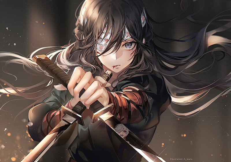 anime fighter girl, eyepatch, tears, bandages, dual wielding, Anime, HD wallpaper