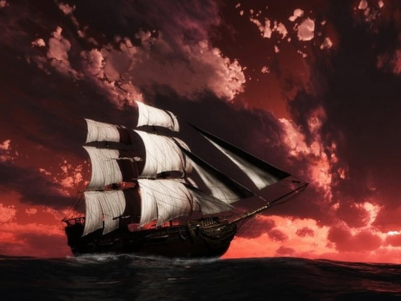 THE SEA TRAVELLER, skies, red, ship, travel, ocean, sailing, HD wallpaper
