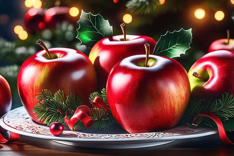Apples in a Christmas setting, colorful, art, mood, ornaments, beautiful, fruits, arrangement, still life, apples, holiday, decoration, plate, Christmas, vivid, lights, red, HD wallpaper
