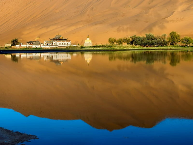 A Sand Dune, house, pagoda, nature, reflection, lake, dune, HD wallpaper