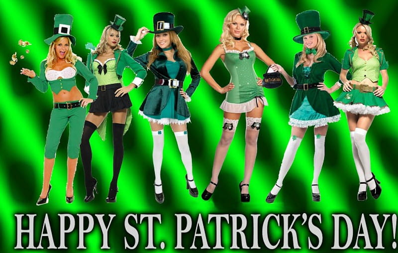 Happy Saint Patrick's Day, Saint Patricks Day, hats, top hats, coins, Happy Saint Patricks Day, dresses, women, gold, t, females, girls, Patricks Day, HD wallpaper