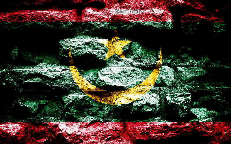 Mauritania flag, grunge brick texture, Flag of Mauritania, flag on brick wall, Mauritania, flags of Africa countries, HD wallpaper