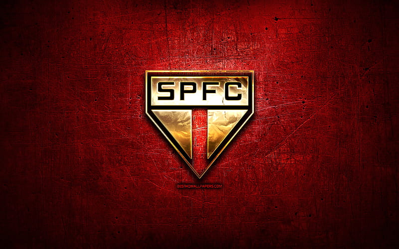 Sao Paulo FC, golden logo, Brazilian Seria A, red metal background, soccer, brazilian football club, Sao Paulo logo, football, SPFC, Brazil, HD wallpaper
