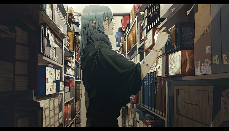 Anime, Jujutsu Kaisen, Blue Hair, Boy, Grey Eyes, Library, Mahito (Jujutsu Kaisen), HD wallpaper
