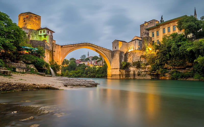 Mostar, evening, stone bridge, river Neretva, Bosnia and Herzegovina, pedestrian arch bridge, HD wallpaper