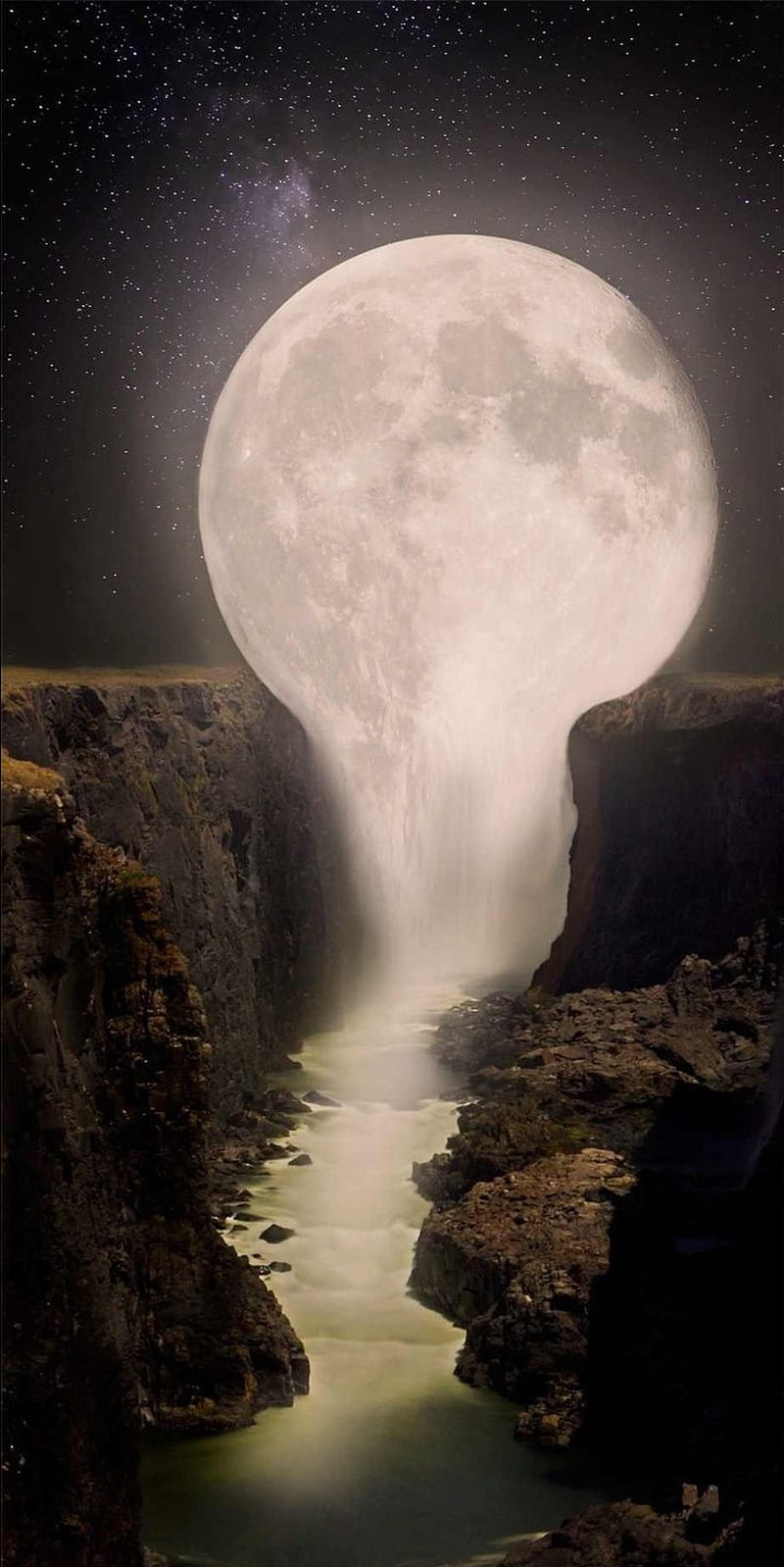 MELTiNG MOON, night, moon waterfall, moon river, HD phone wallpaper
