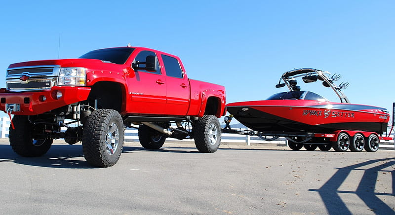 Chevy Truck & Boat, Speed Boat, Red, Custom, Truck, HD wallpaper
