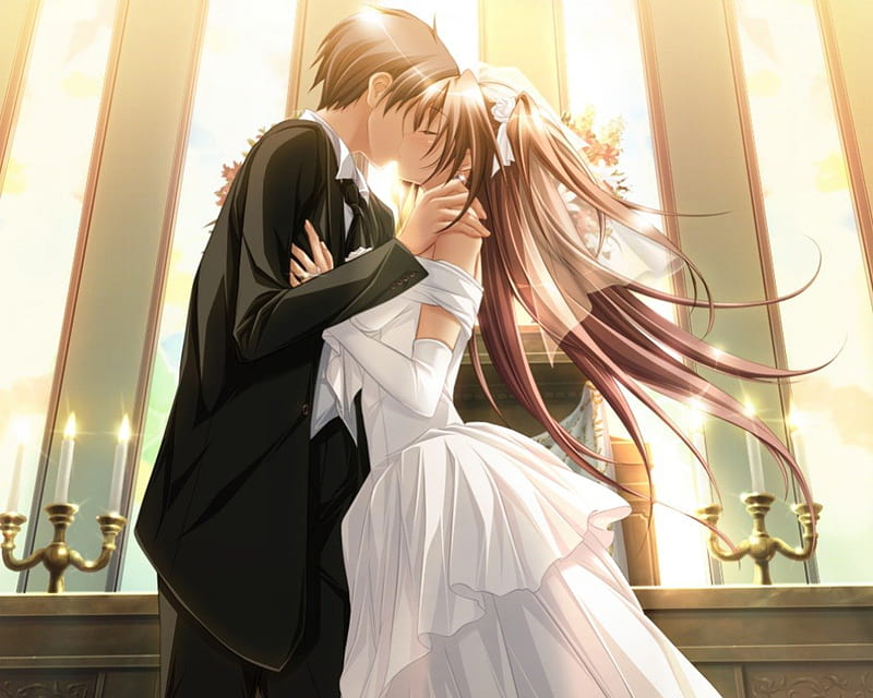 ♡ Kiss ♡, pretty, sweet, nice, groom, love, anime, handsome, anime girl, long hair, candle, lovely, romance, gown, sexy, short hair, hug, cute, lover, dress, guy, bride, kiss, hot, light, wed, couple, bride and groom, female, male, romantic, brown hair, wedding, boy, girl, passion, HD wallpaper
