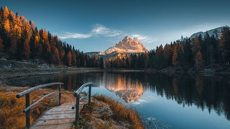 Autumn in the Dolomites, Italy, trees, water, mountain, reflections, autumn, landscape, HD wallpaper