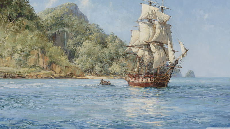 tallship, mountain, boat, ocean, island, HD wallpaper